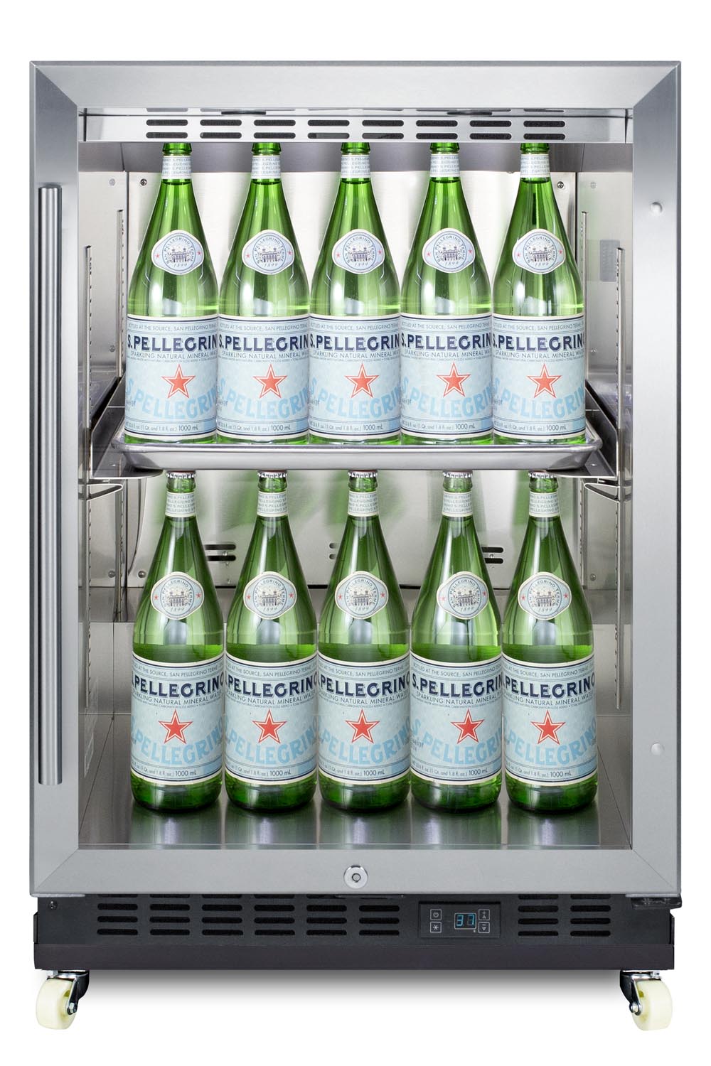 Built-in undercounter mini reach-in commercial beverage center w/SS interior, sheet pans and adjustable tray supports, chrome shelves, lock, digital thermostat, and removable dolly